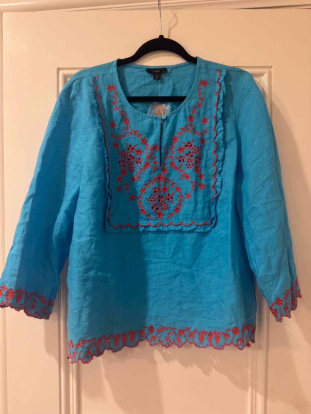 NEW W TAGS! J. Crew SOLD OUT Embroidered Linen Tunic, Monico Blue, Large